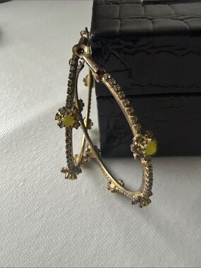 Gold Hoop Earrings with Yellow Stone Flower Accents